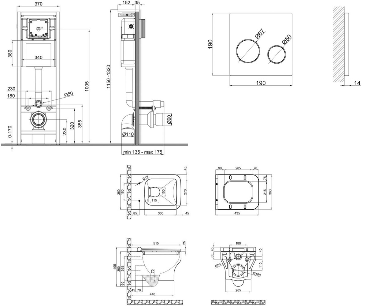 Унитаз с инсталляцией 4 в 1  CARDINAL QT0433C660HW0233M370P01V1176W:Чертеж 
