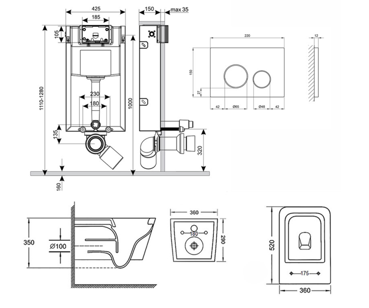 Унитаз с инсталляцией 4 в 1  CROW QT05335170W0133M425M11V1146MB:Чертеж 