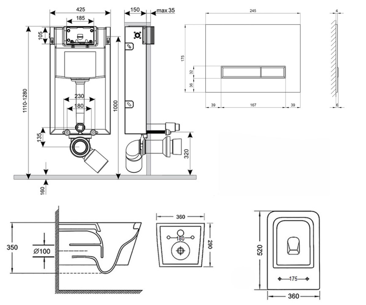 Унитаз с инсталляцией 4 в 1  CROW QT05335170W0133M425V1105GW:Чертеж 