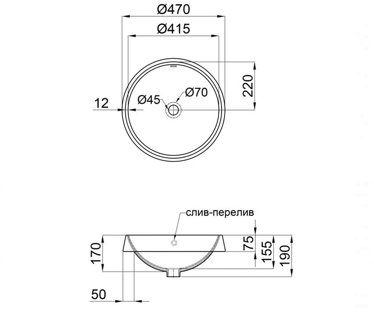 Раковина с донным клапаном 47 мм  JAY QT0711K305W:Чертеж 