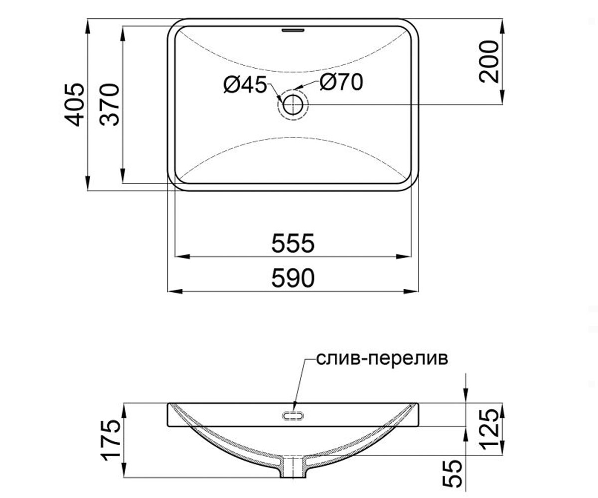 Умывальник с донным клапаном 59 см  JAY QT0711K306W:Чертеж 