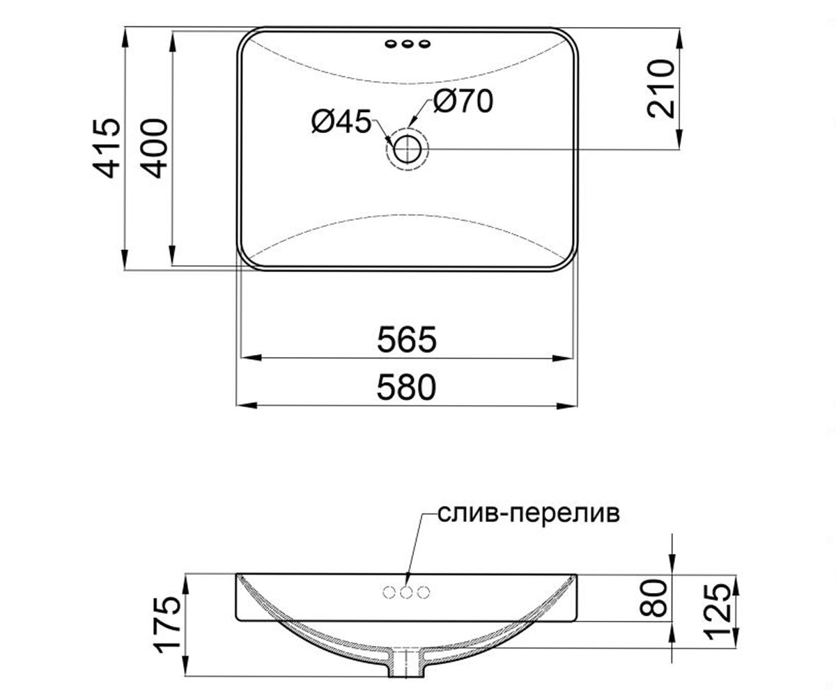 Раковина с донным клапаном 58 см  JAY QT0711K425W:Чертеж 