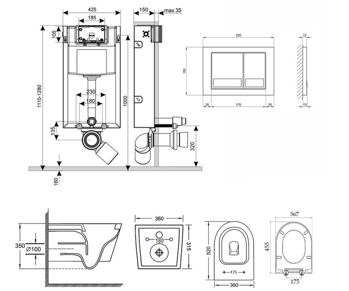 Унитаз с инсталляцией 4 в 1  JAY QT07335176W0133M425M0111M06028CRM:Чертеж 