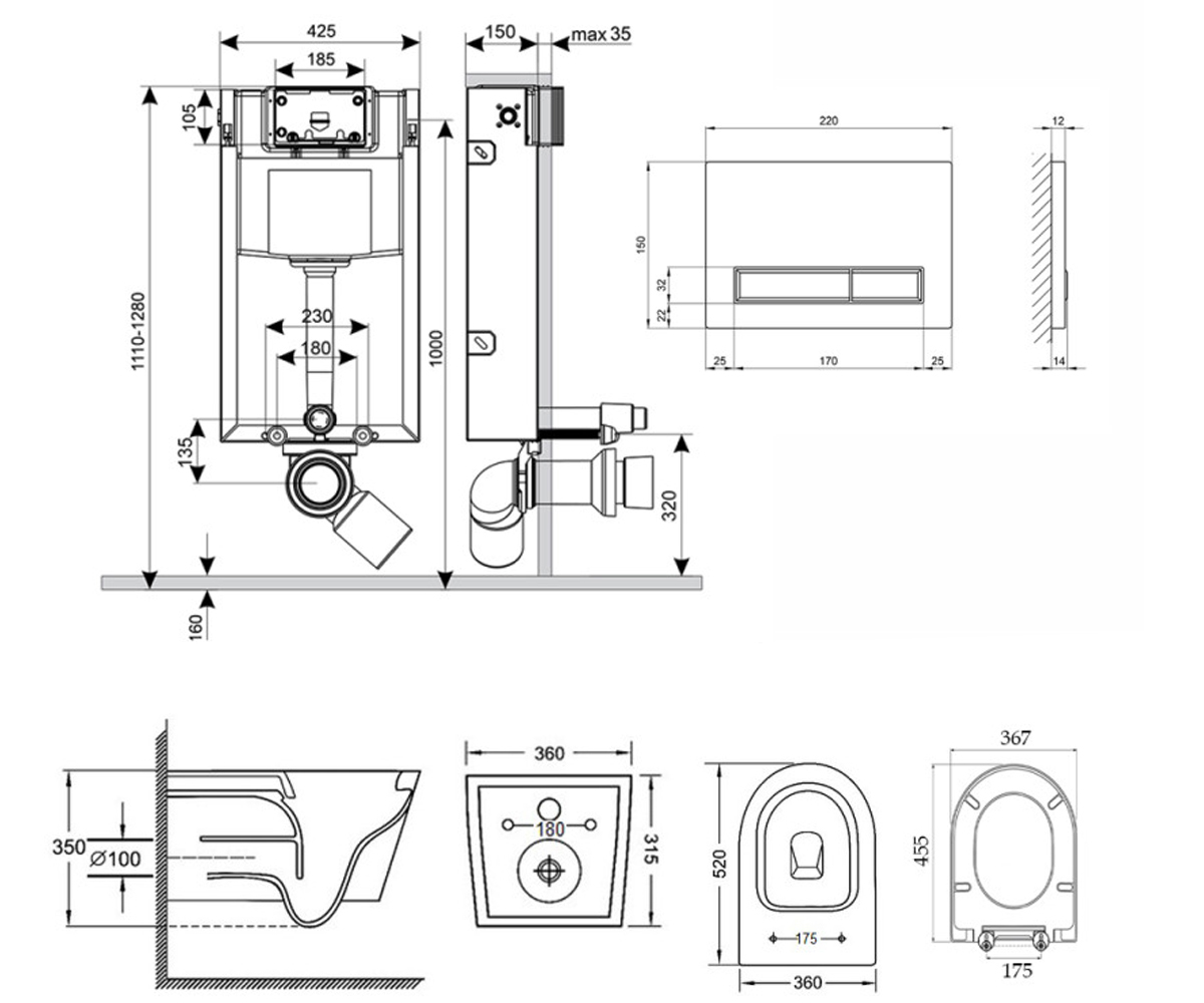 Унитаз с инсталляцией 4 в 1  JAY QT07335176W0133M425M08V1091MB:Чертеж 