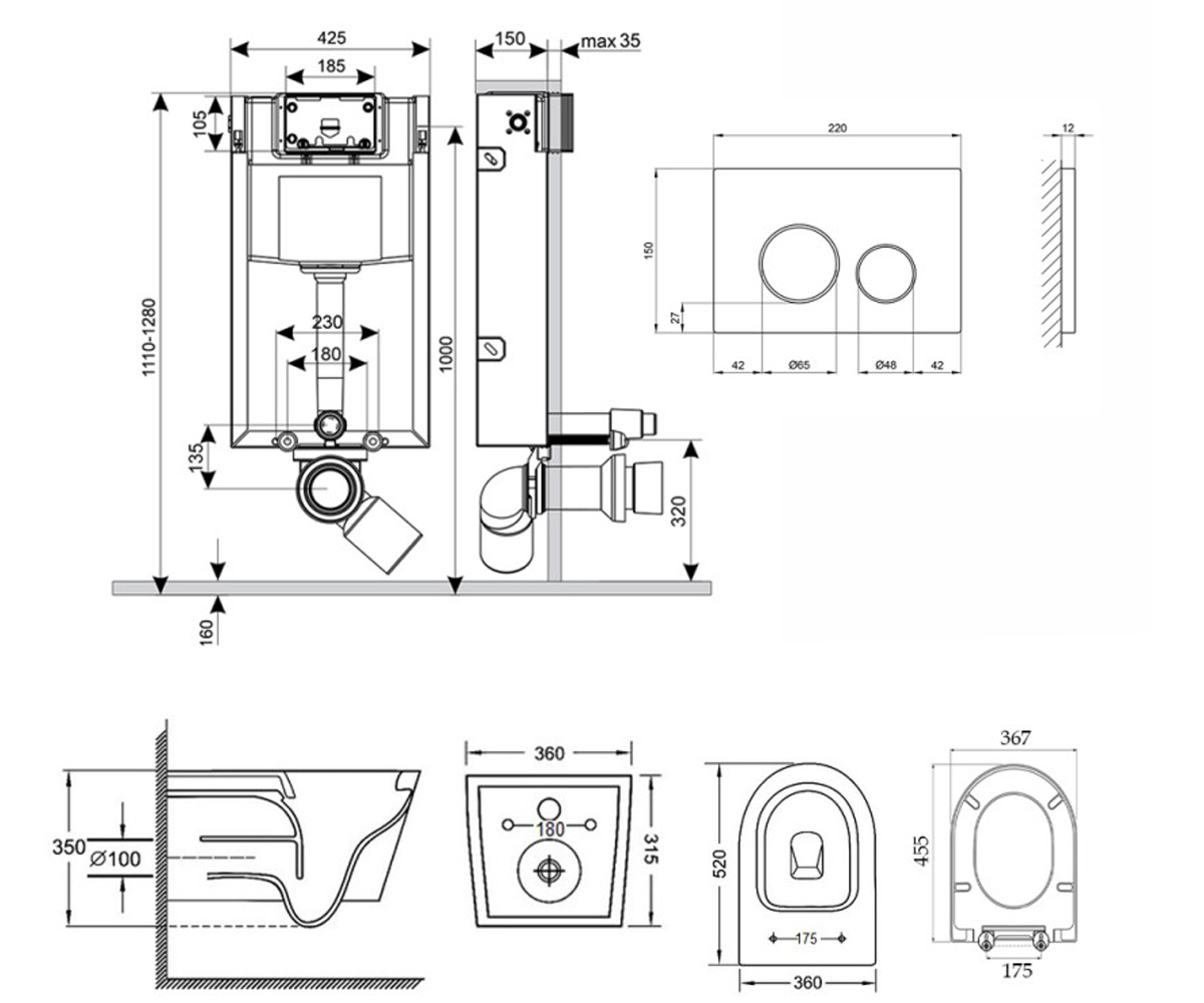 Унитаз с инсталляцией 4 в 1  JAY QT07335176W0133M425M11112CRM:Чертеж 