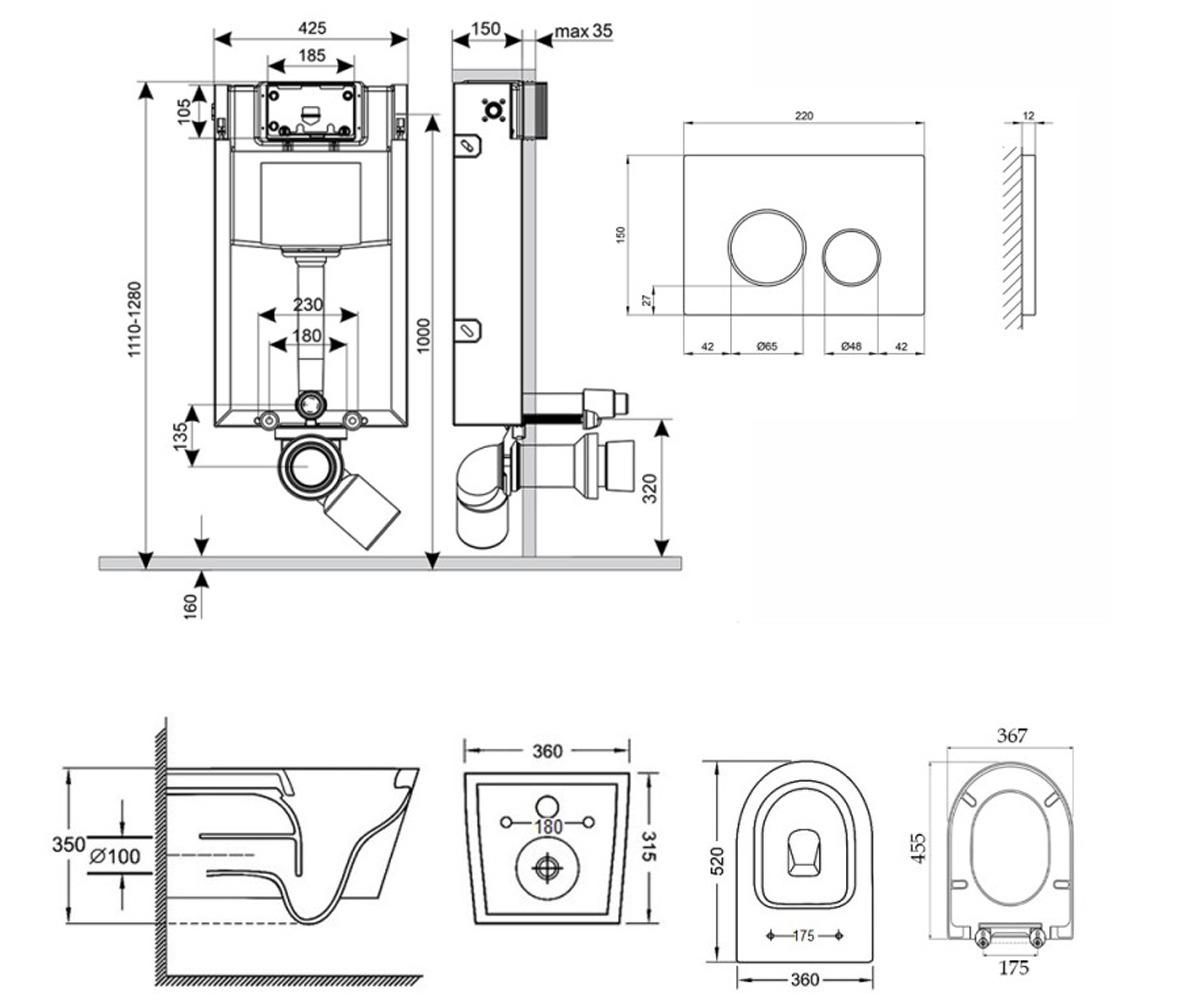 Унитаз с инсталляцией 4 в 1  JAY QT07335176W0133M425M11V1146MB:Чертеж 