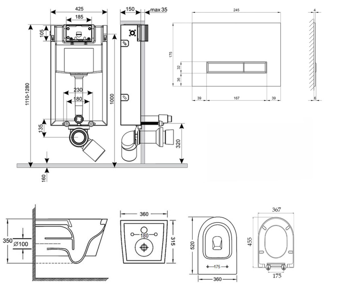 Унитаз с инсталляцией 4 в 1  JAY QT07335176W0133M425V1105GW:Чертеж 