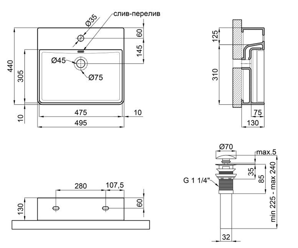 Прямоугольный умывальник с д/к  NANDO QT12112173SMBMB:Чертеж 