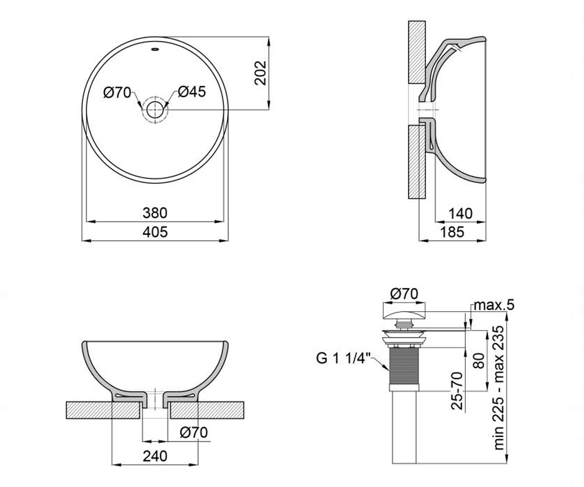 Круглая накладная раковина  ROBIN QT1311A004W:Чертеж 
