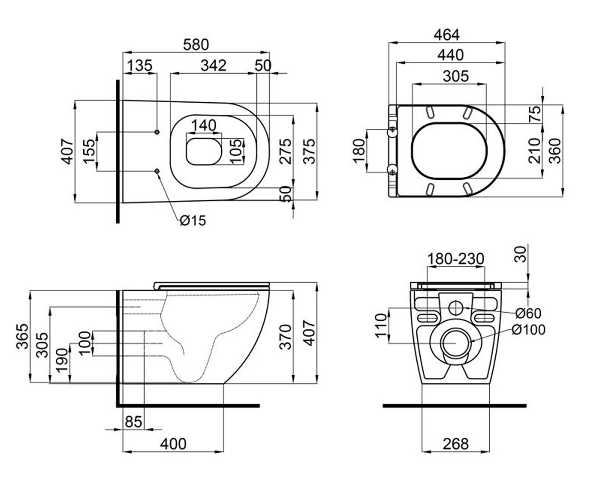 Безободковый унитаз  ROBIN QT13332141ERW:Чертеж 