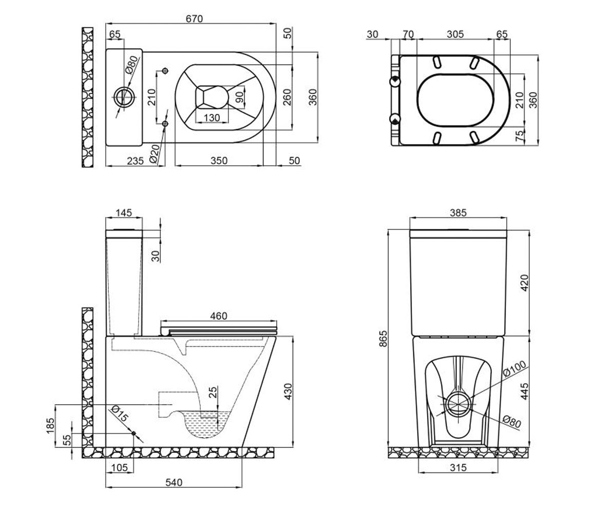 Безободковый унитаз  SCORPIO QT14222125ARMB:Чертеж 