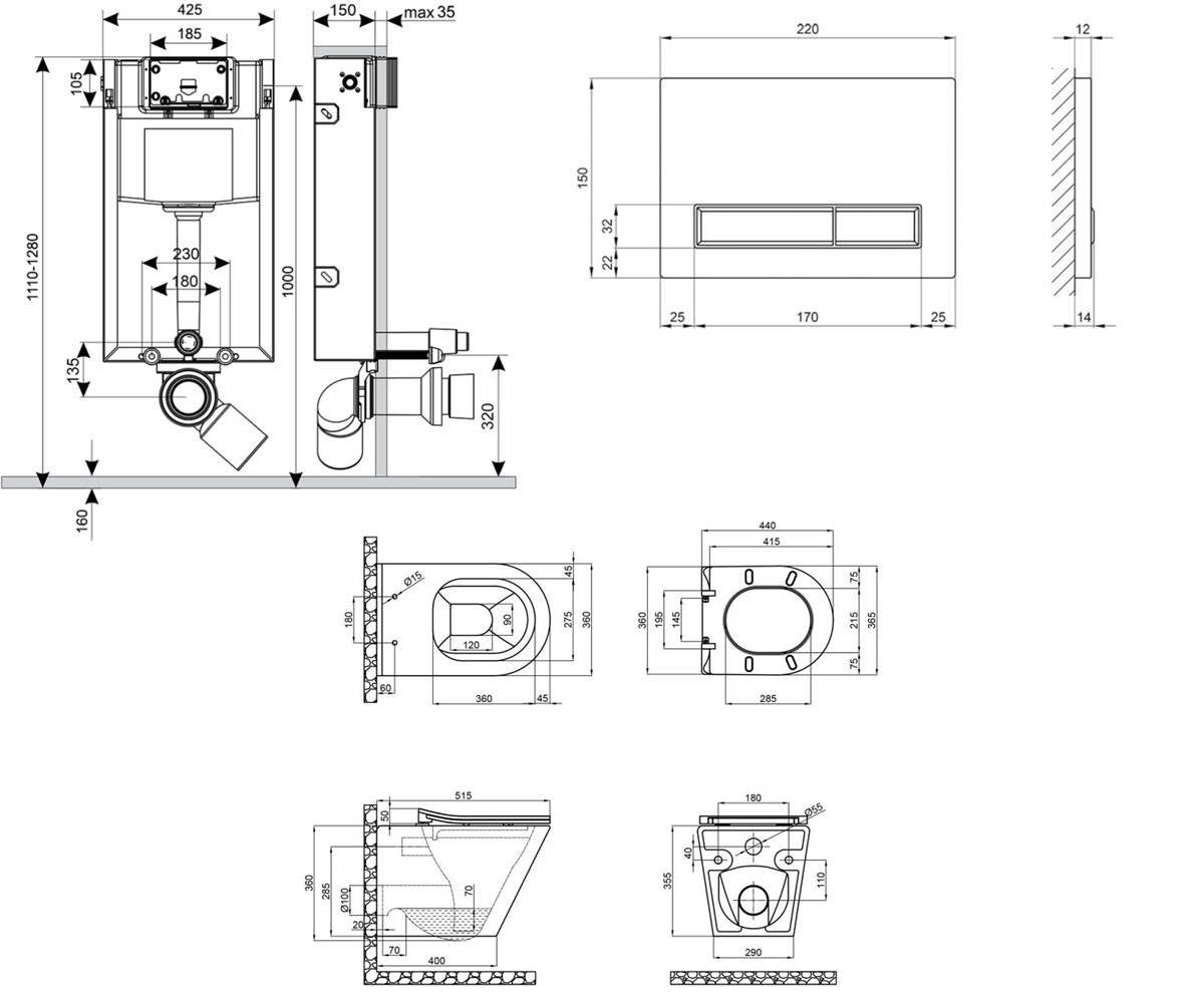 Унитаз с инсталляцией 4 в 1  SCORPIO QT1433053ERMB0133M425M08V1091MB:Чертеж 
