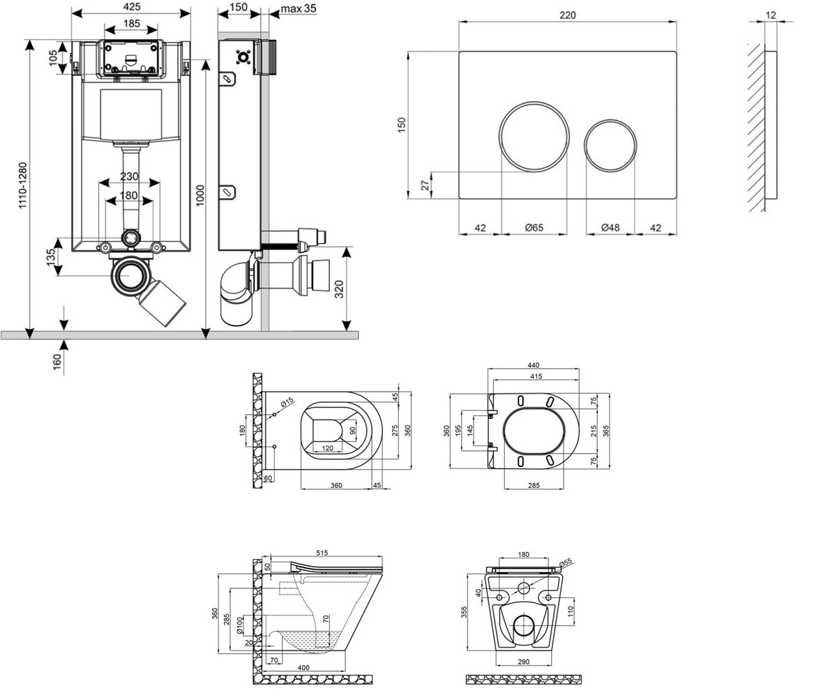 Унитаз с инсталляцией 4 в 1  SCORPIO QT1433053ERMB0133M425M11V1146MB:Чертеж 