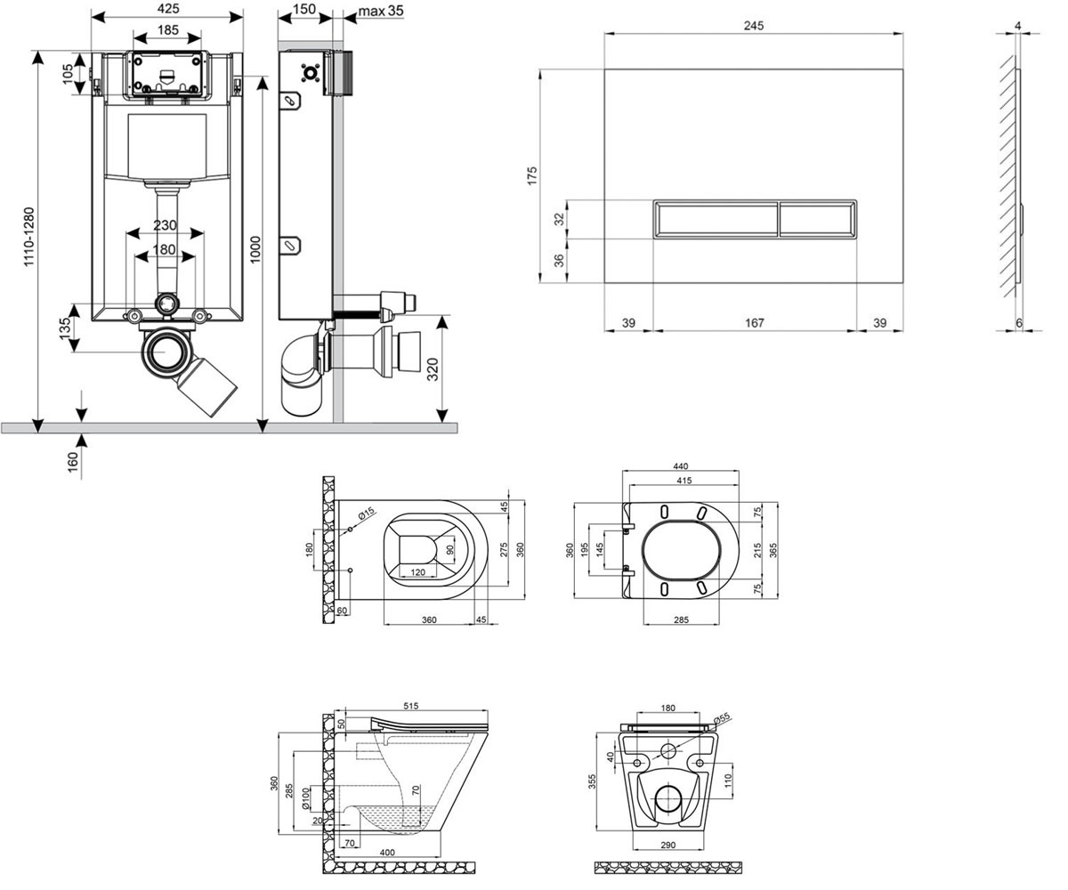 Унитаз с инсталляцией 4 в 1  SCORPIO QT1433053ERMB0133M425V1107GB:Чертеж 