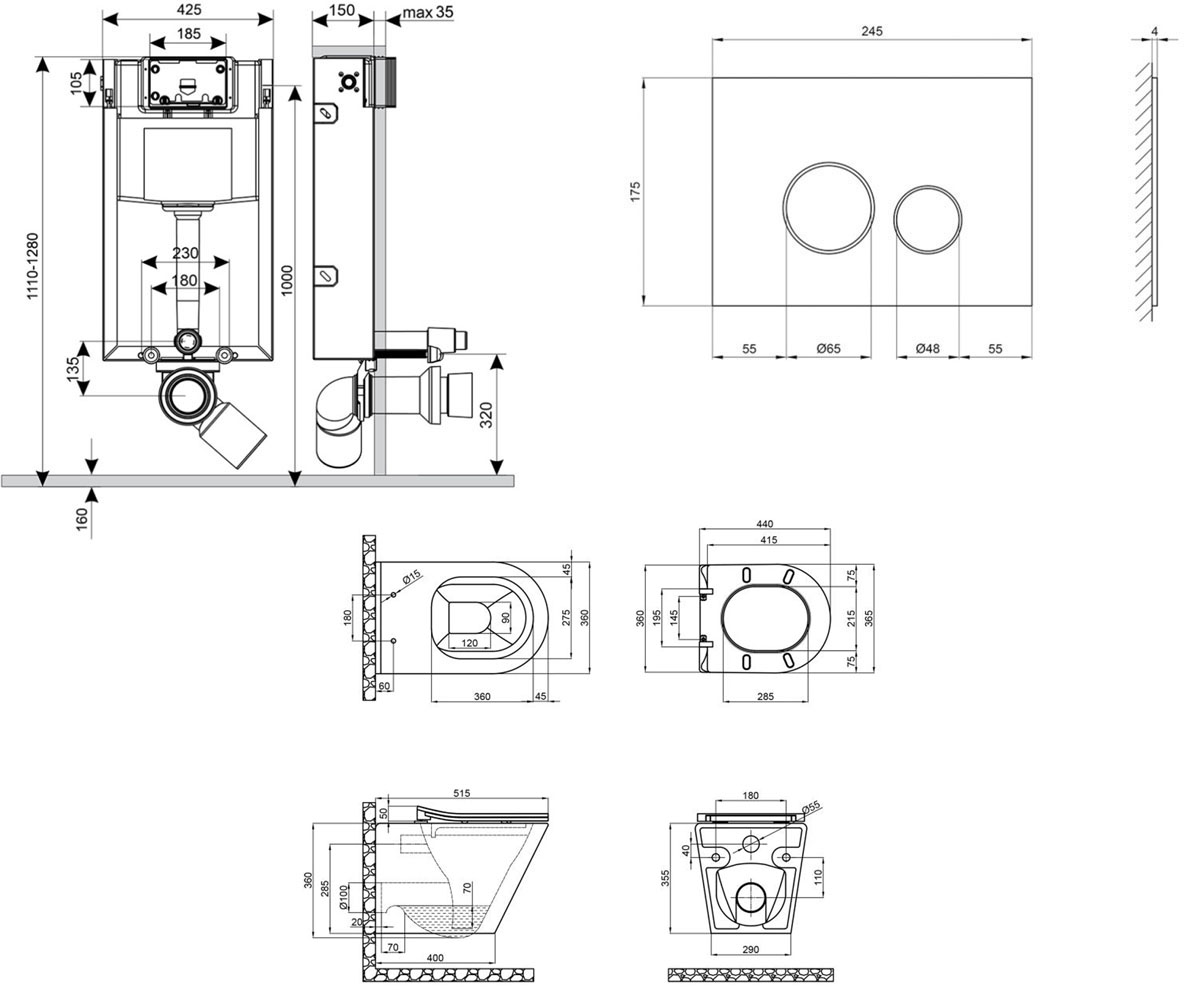 Унитаз с инсталляцией 4 в 1  SCORPIO QT1433053ERMB0133M425V1163GB:Чертеж 
