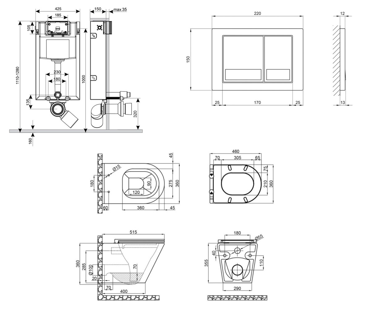 Унитаз с инсталляцией 4 в 1  SCORPIO QT1433053ERW0133M425M06028CRM:Чертеж 