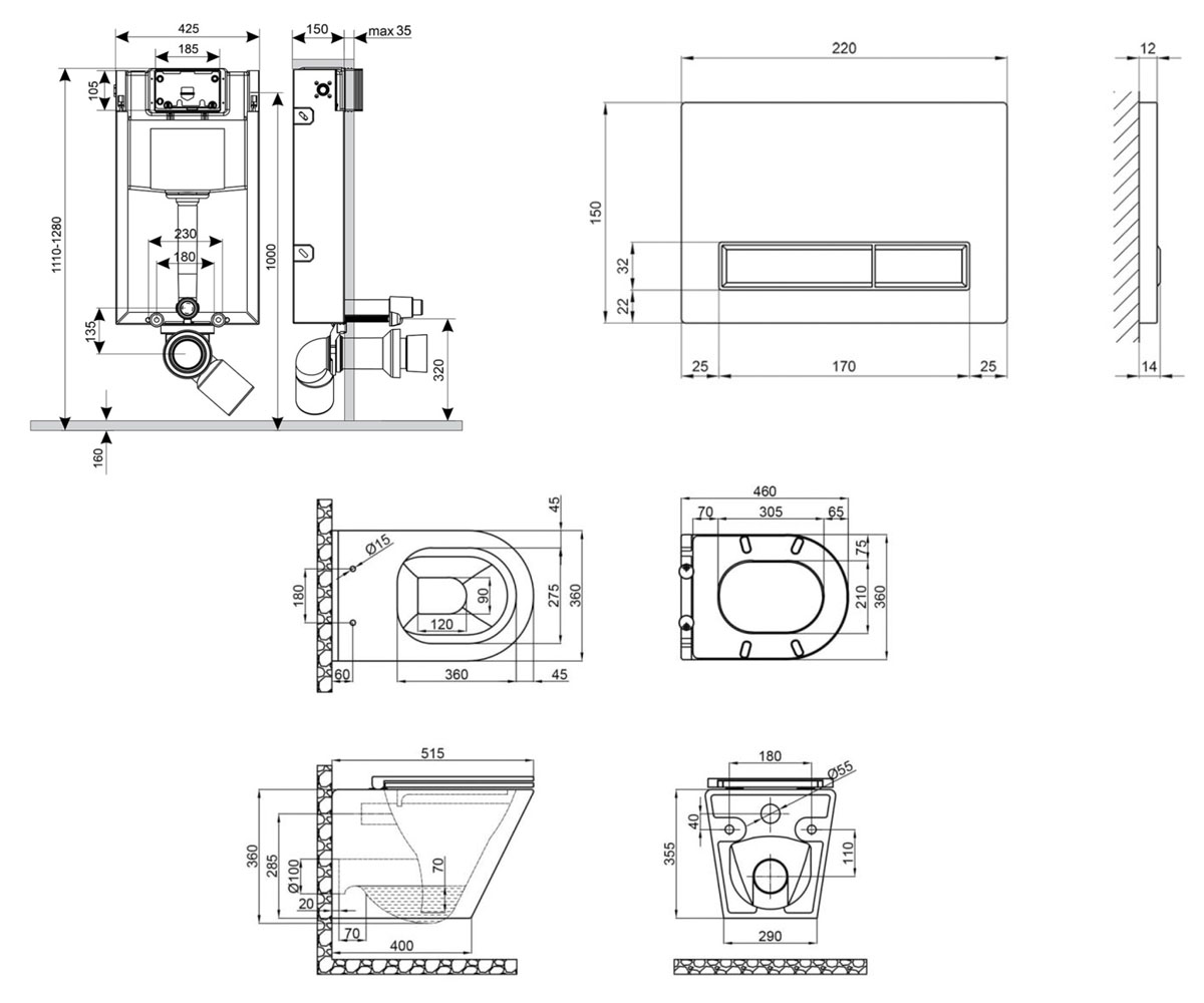 Унитаз с инсталляцией 4 в 1  SCORPIO QT1433053ERW0133M425M08381CRM:Чертеж 