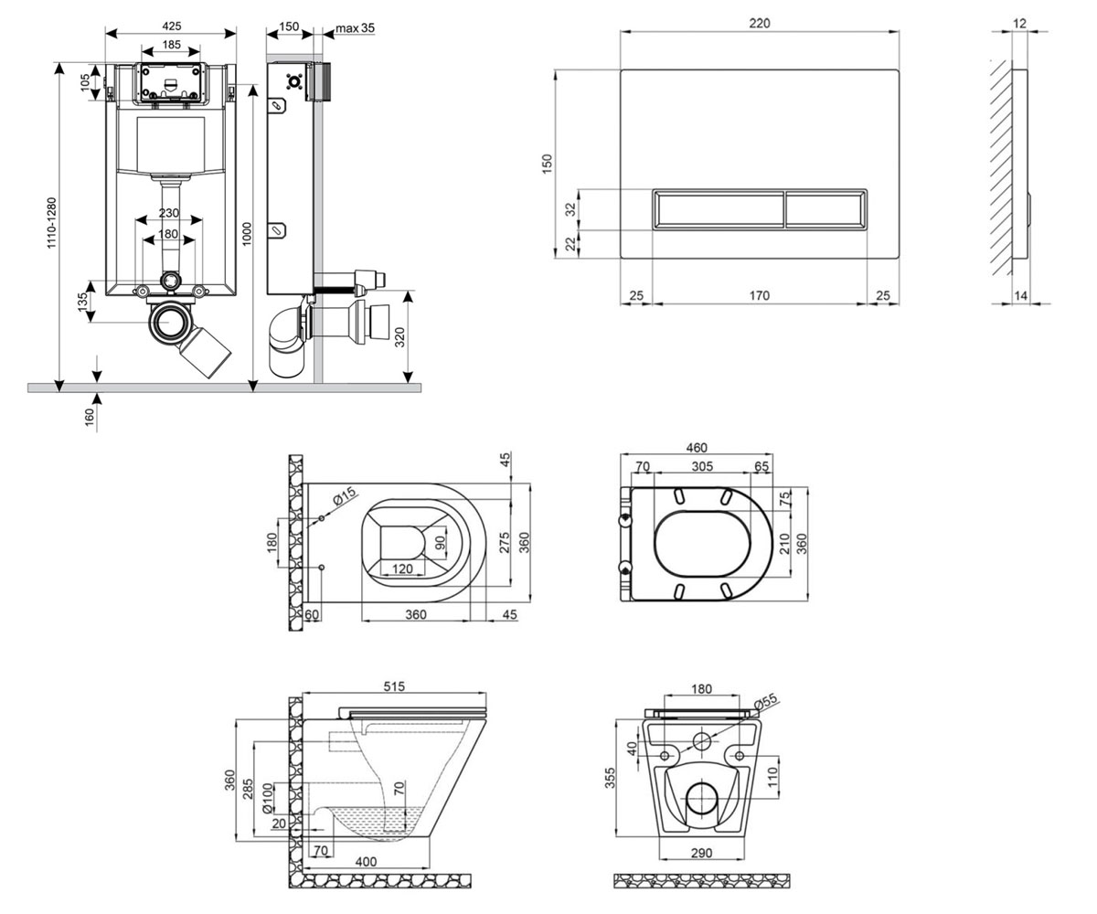 Унитаз с инсталляцией 4 в 1  SCORPIO QT1433053ERW0133M425M08V1384W:Чертеж 