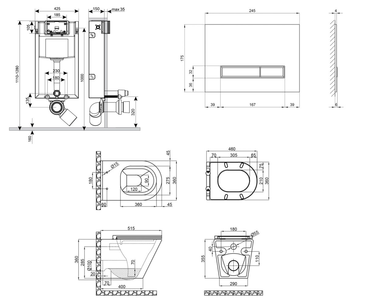 Унитаз с инсталляцией 4 в 1  SCORPIO QT1433053ERW0133M425V1105GW:Чертеж 
