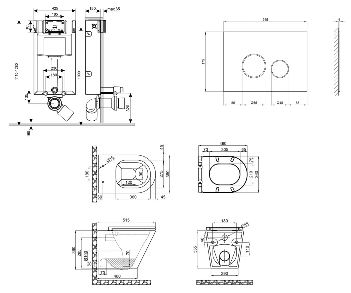 Унитаз с инсталляцией 4 в 1  SCORPIO QT1433053ERW0133M425V1164GW:Чертеж 