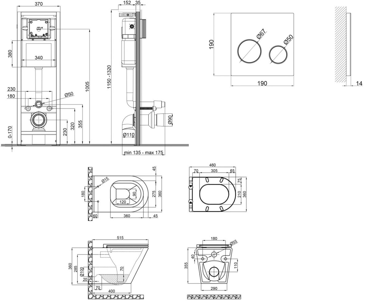 Унитаз с инсталляцией 4 в 1  SCORPIO QT1433053ERW0233M370P01V1176W:Чертеж 