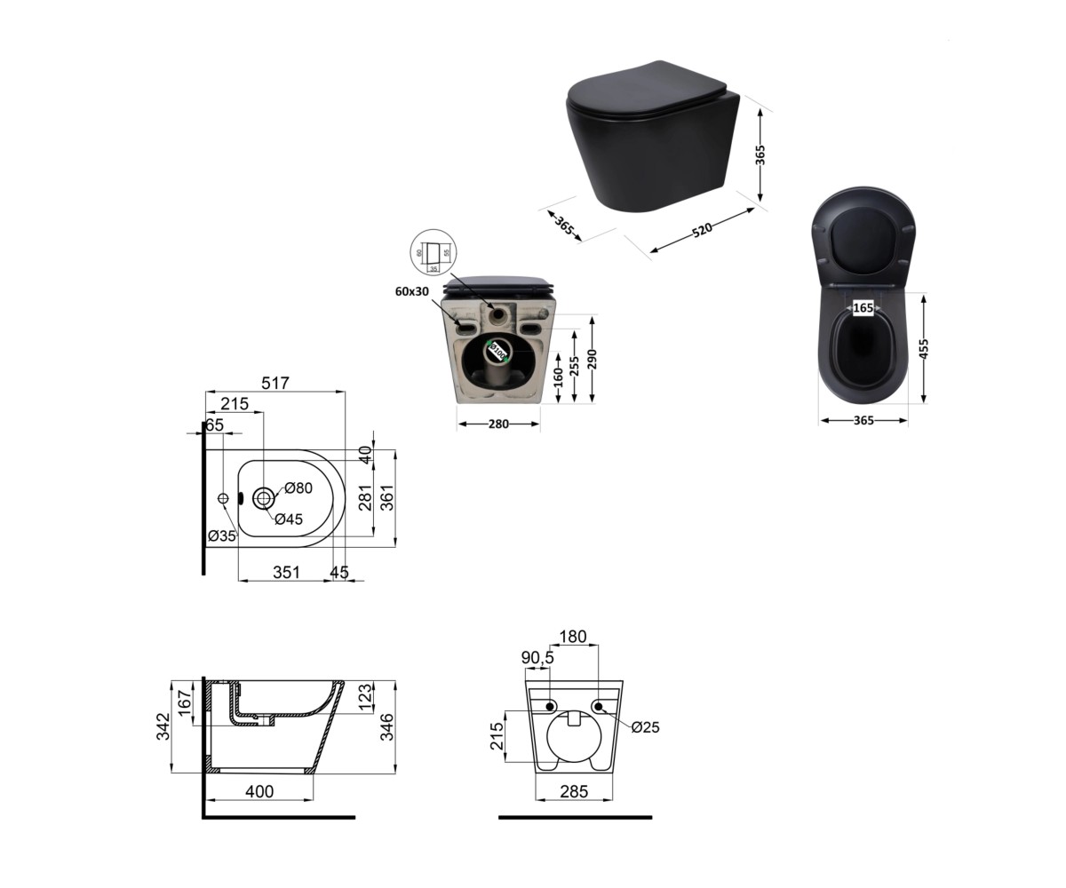 Комплект Qtap Scorpio Matt Black 2 в 1: унитаз подвесной Ultra Quiet QT14332380AMB + биде подвесное QT1455053FMB  QT14332380AMB4