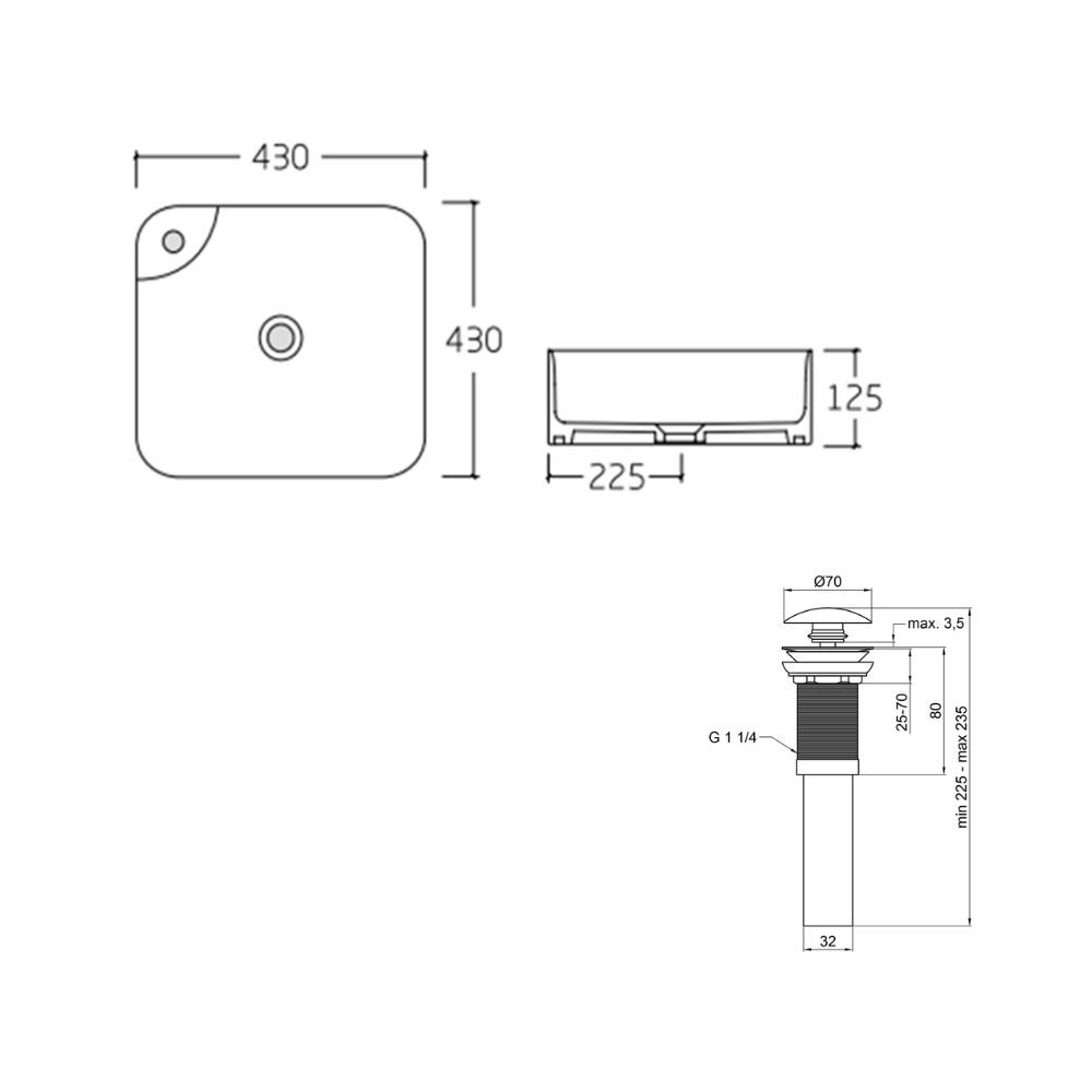 Комплект Qtap Stork: раковина накладная квадратная 430x430x120 мм White + донный клапан PU02  QT15112194WN47318:Чертеж 