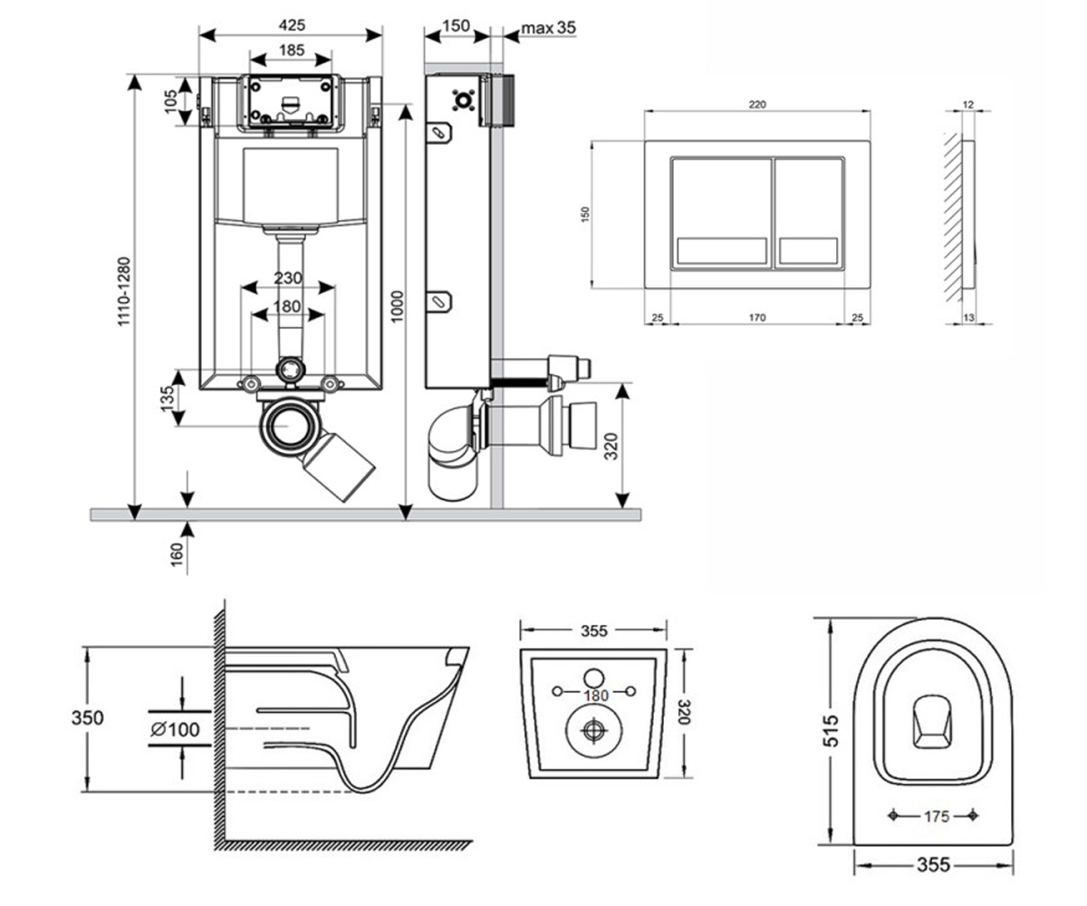 Унитаз с инсталляцией 4 в 1  SWAN QT16335178W0133M425M0111M06028CRM:Чертеж 