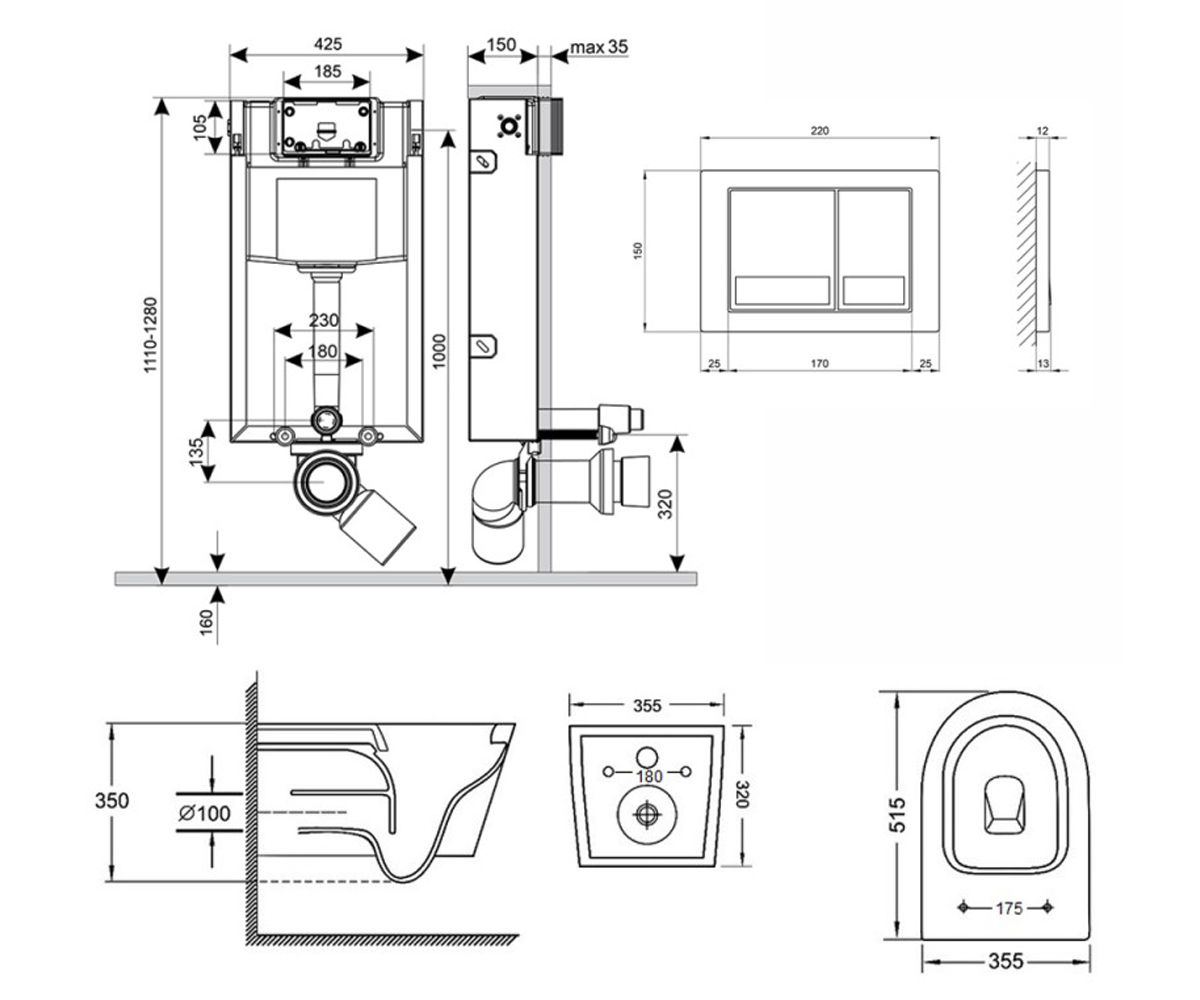 Унитаз с инсталляцией 4 в 1  SWAN QT16335178W0133M425M06029SAT:Чертеж 