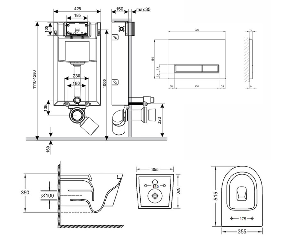 Унитаз с инсталляцией 4 в 1  SWAN QT16335178W0133M425M08V1384W:Чертеж 