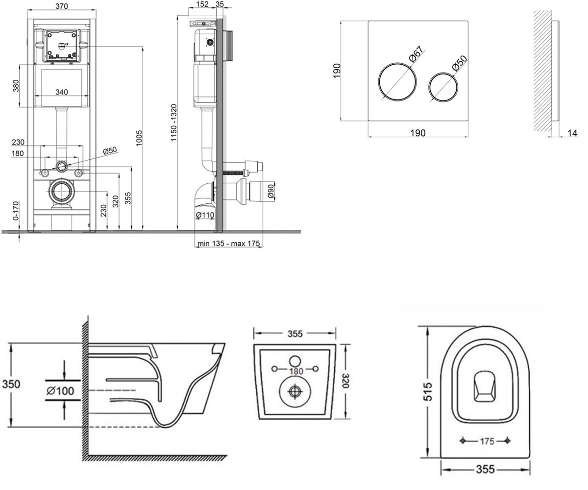 Унитаз с инсталляцией 4 в 1  SWAN QT16335178W0233M370P01V1176W:Чертеж 