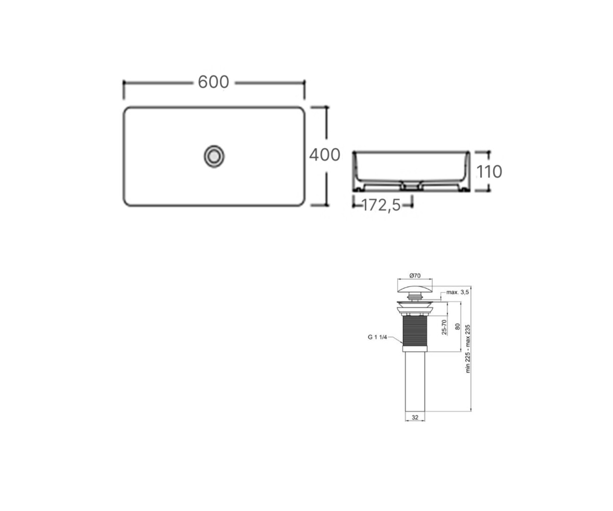 Комплект Qtap Tern: раковина накладная прямоугольная 600x405x110 мм WHITE + донный клапан PU02  QT17112174WN47303:Чертеж 