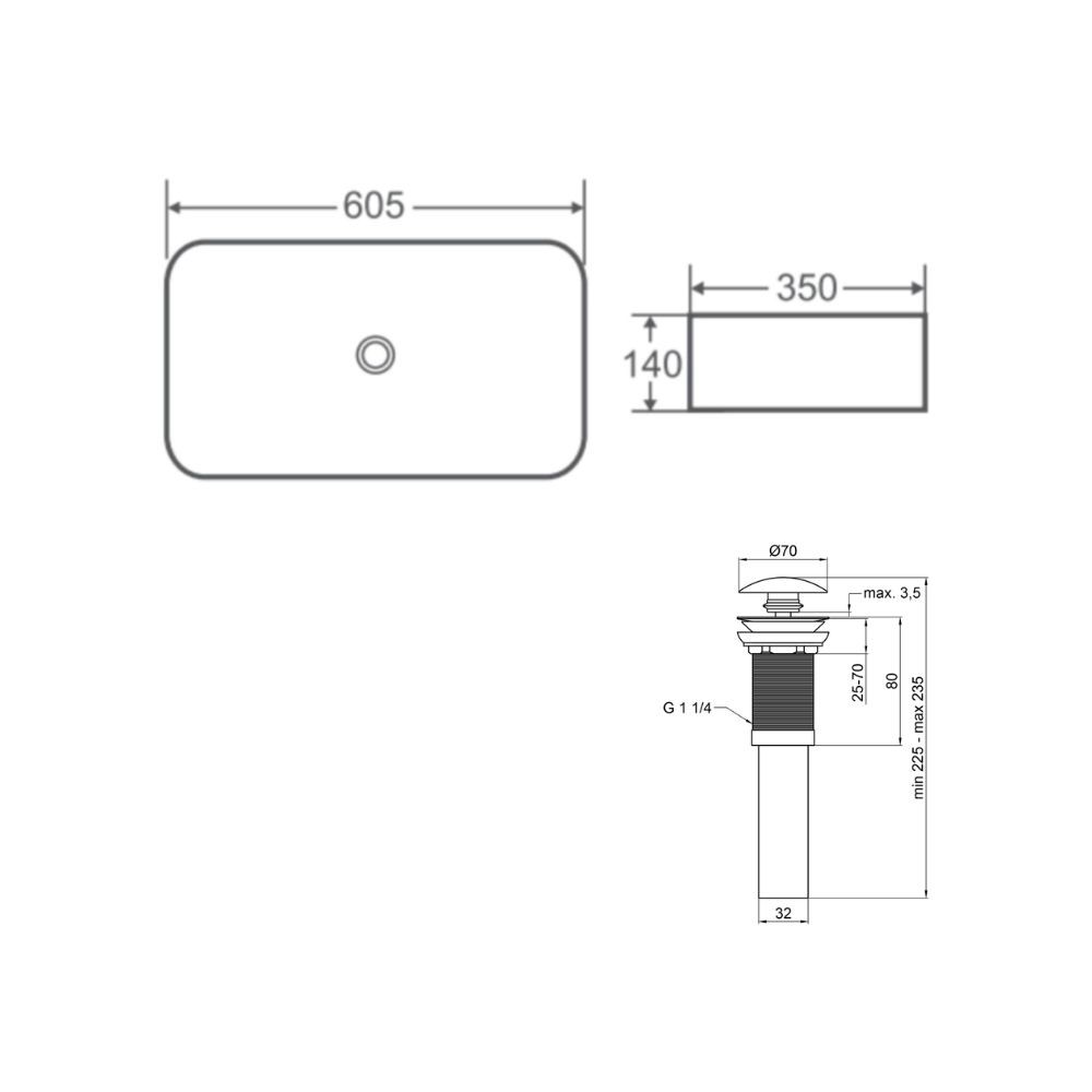 Комплект Qtap Tern: раковина накладная прямоугольная 605x350x140 мм WHITE + донный клапан PU02  QT17112270WN47304:Фото 2