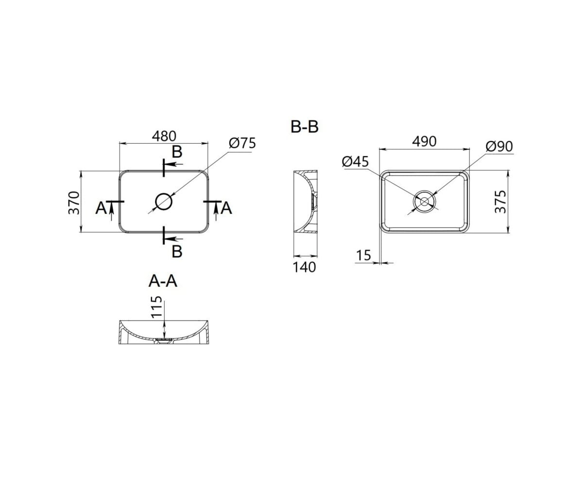 Раковина накладная Qtap Tern 480x370x135 мм, Beige, прямоугольная, с донным клапаном QT17116069SB  QT17116069SB:Чертеж 
