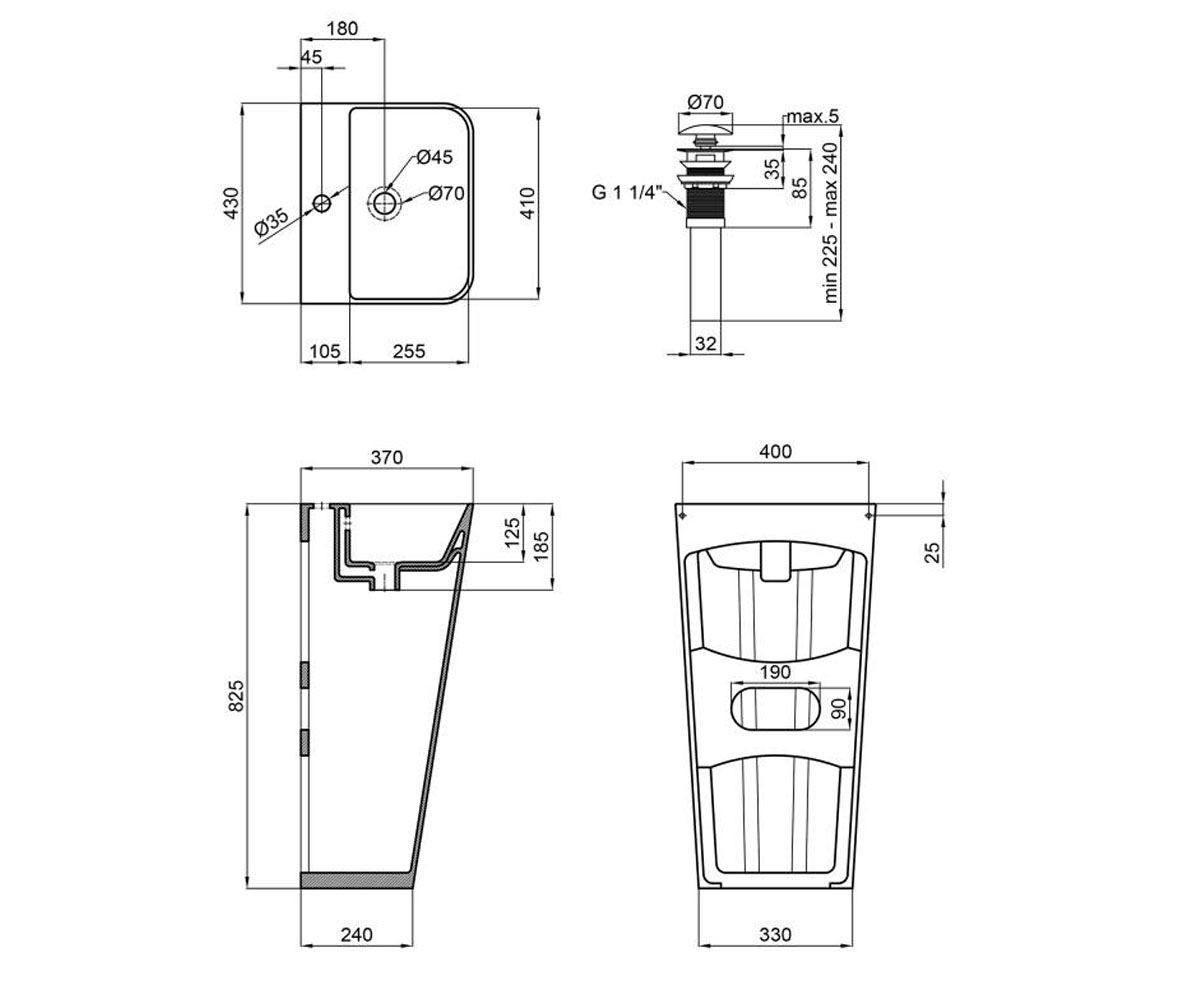 Раковина напольная с донным клапаном  TERN QT1711G302W:Чертеж 