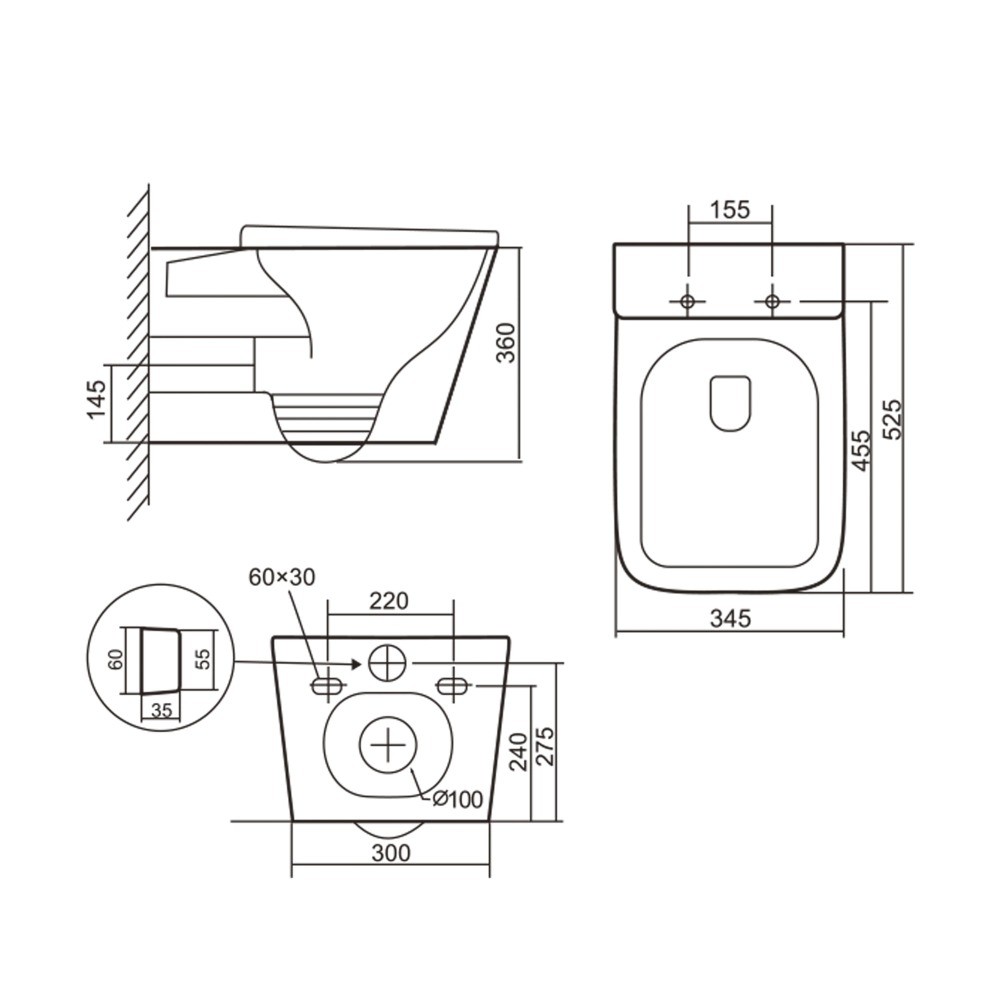 Подвесной унитаз с сиденьем  TERN ULTRA QUIET QT17332303AW:Чертеж 