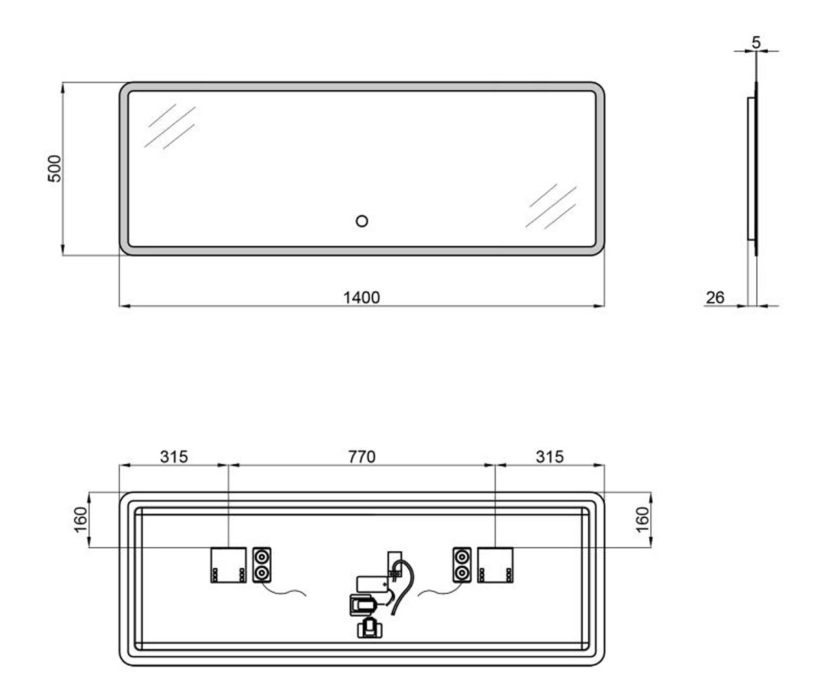 Зеркало с bluetooth 140х50 см  TERN QT1778142750140WB:Чертеж 
