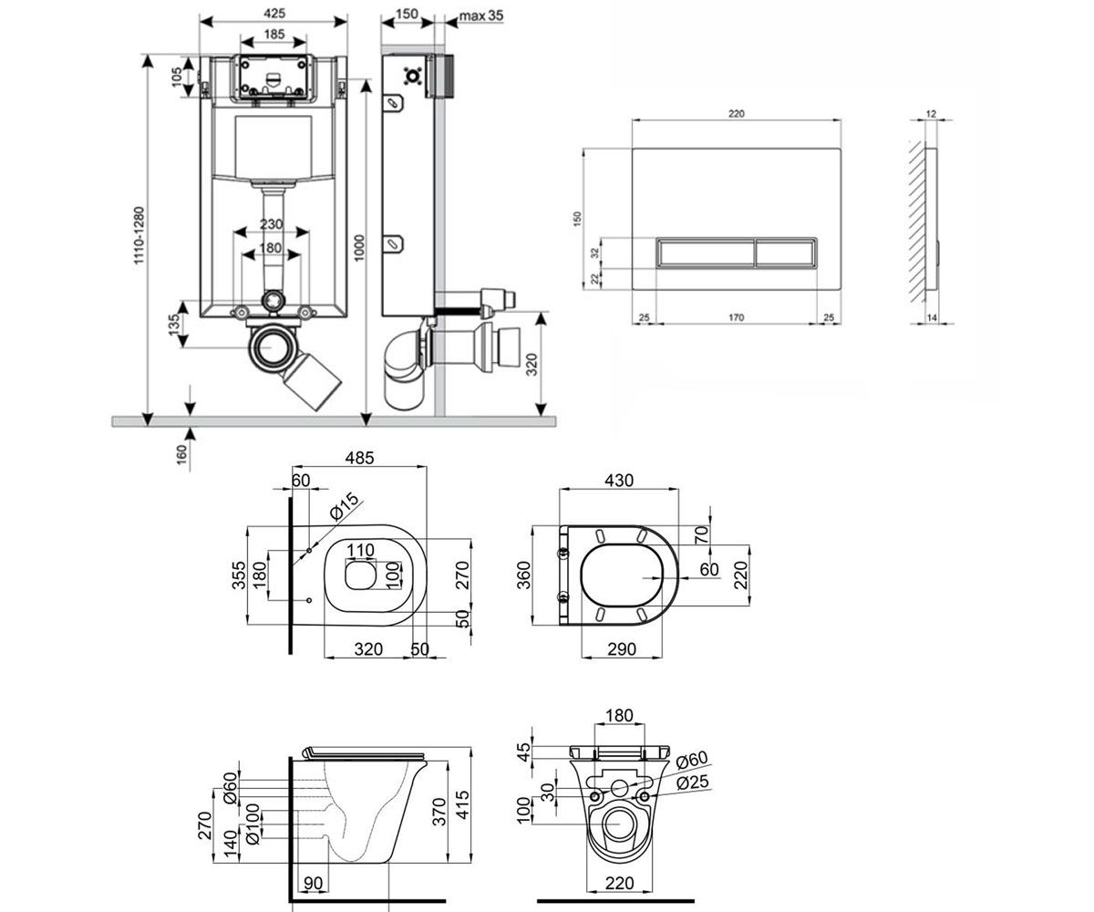 Унитаз с инсталляцией 4 в 1  VIRGO QT1833051ERMB0133M425M08V1091MB:Чертеж 