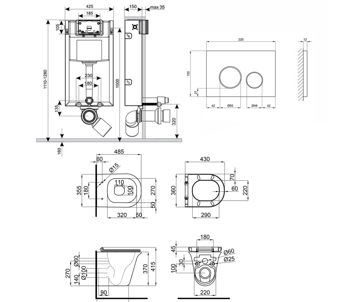 Унитаз с инсталляцией 4 в 1  VIRGO QT1833051ERMB0133M425M11V1146MB:Чертеж 