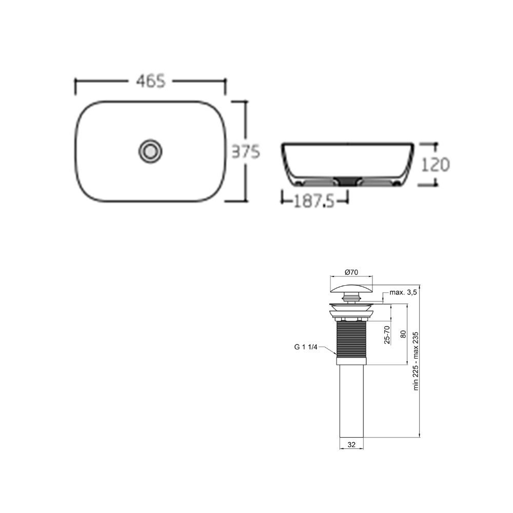Комплект Qtap Aquarius: раковина накладная прямоугольная 465x375x115 мм White + донный клапан PU02  QT21112185WN47295:Чертеж 