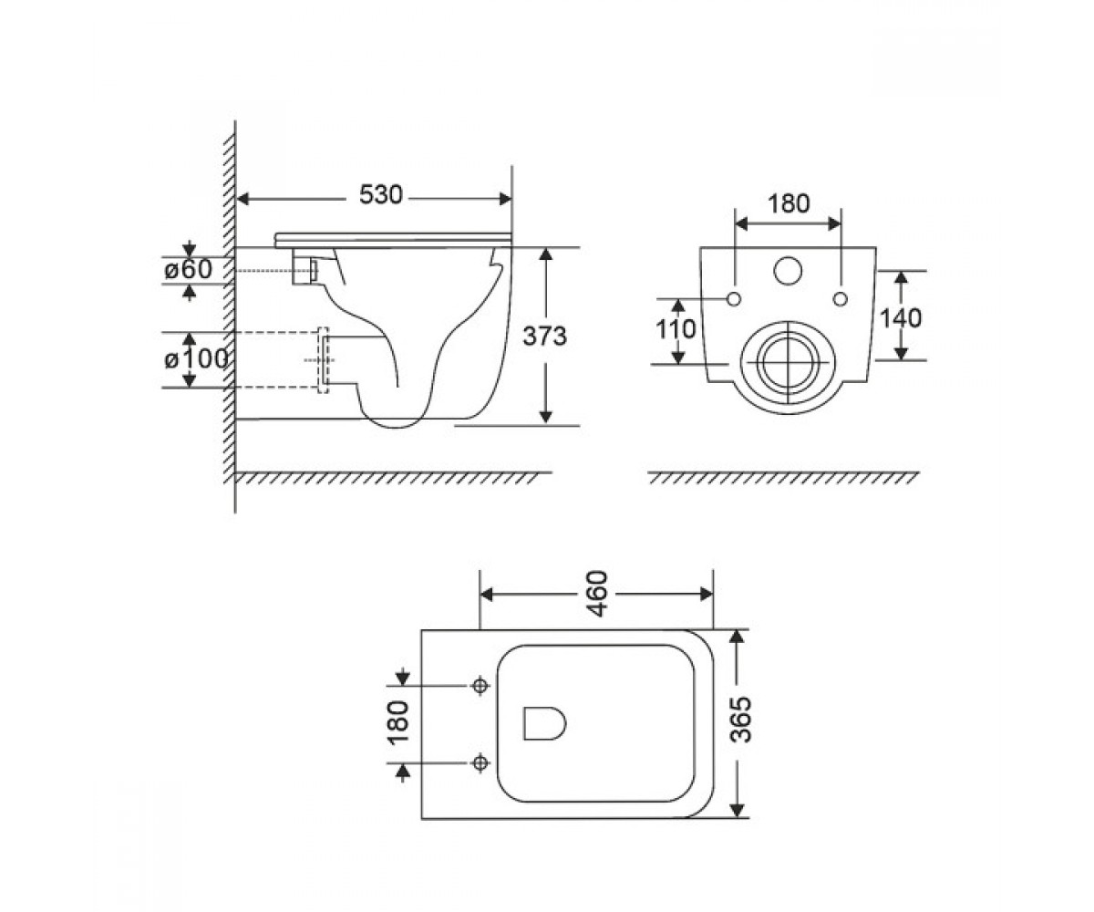 Унитаз подвесной безободковый  GEMINI QT2533076EUQMB:Чертеж 