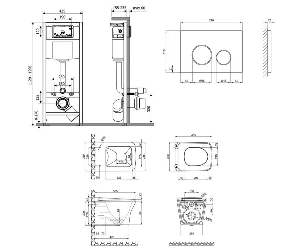 Унитаз с инсталляцией 4 в 1  GEMINI QT25332614EW0133M425M11111SAT:Чертеж 