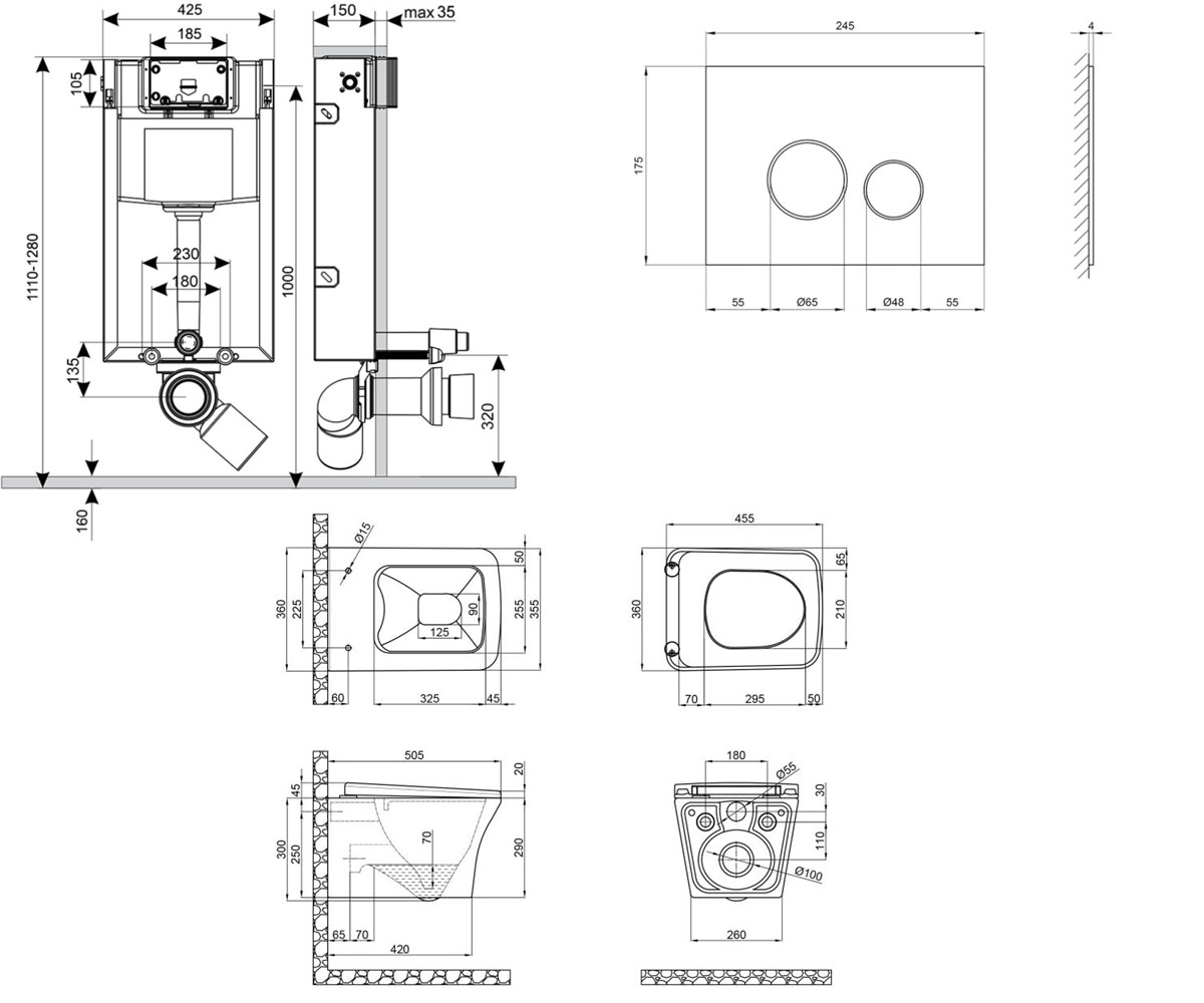 Унитаз с инсталляцией 4 в 1  GEMINI QT25332614EW0133M425V1164GW:Чертеж 