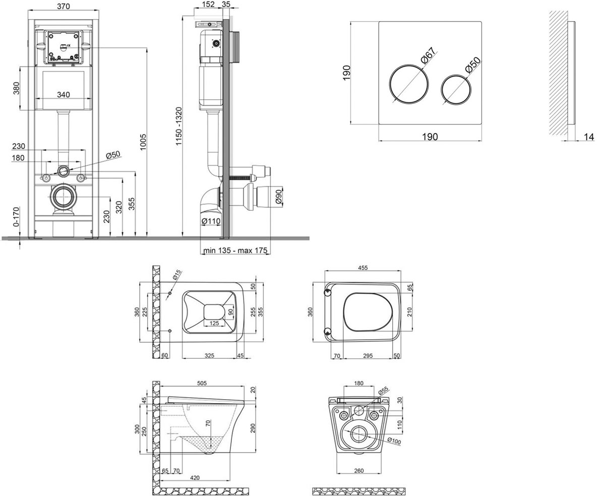 Унитаз с инсталляцией 4 в 1  GEMINI QT25332614EW0233M370P01V1176W:Чертеж 