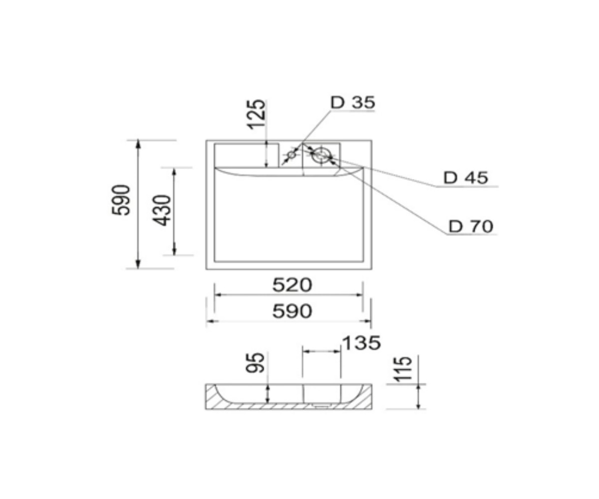 Раковина на стиральную машину Qtap Arvin 595x595x115 мм, White QTARV2365WHI48575  QTARV2365WHI48575:Чертеж 