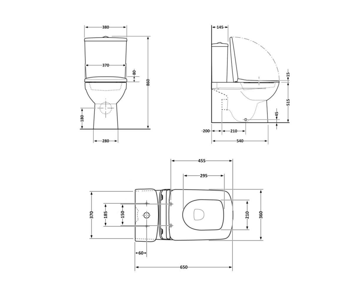 Унитаз-компакт Qtap Crow Eco безободковый с сиденьем Soft-close QTCRO27W48750  QTCRO27W48750:Чертеж 