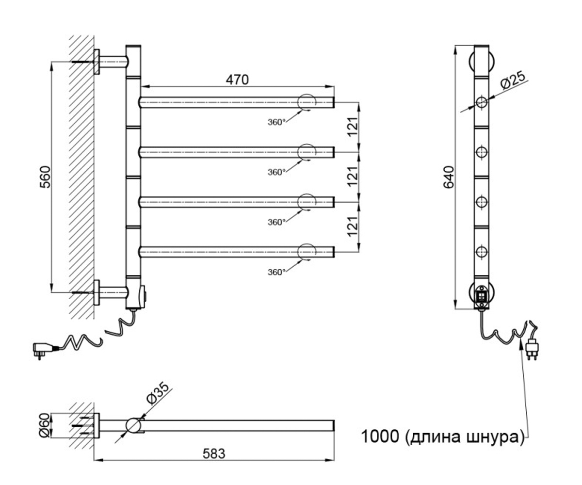 Полотенцесушитель поворотный  GLIDE QTGLICRM11108R:Чертеж 