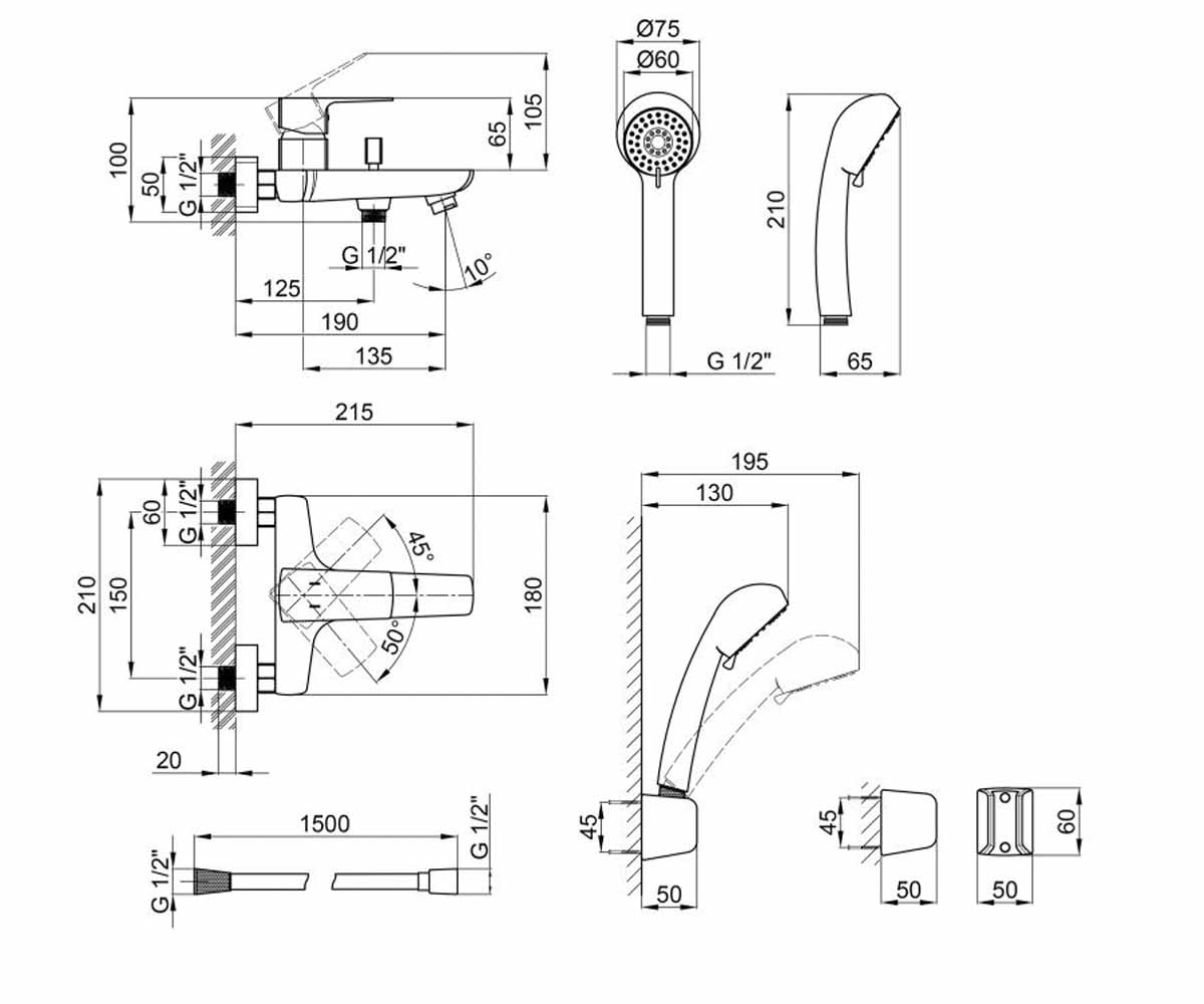 Смеситель с душем  LETEL QTLTL3053104GC:Чертеж 
