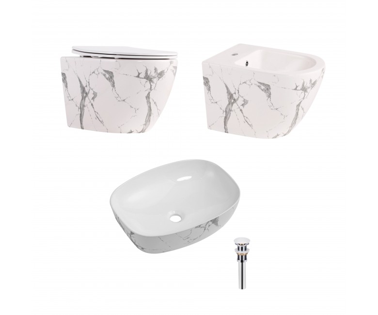 Комплект Qtap Robin Marble 3 в 1: підвісний унітаз Ultra Quiet + біде підвісне + раковина накладна QTROBMR49160 QTAP  QTROBMR49160 QTROBMR49160
