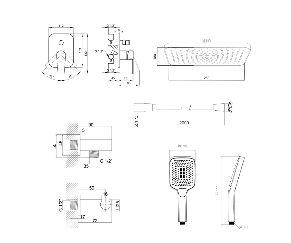 Комплект для душа Qtap Stenava Chrome: смеситель QTST6245102DC + лейки (QTRUC125CRM45954,QTHLA107CRM45784) + шланг QTHADPVC200C 